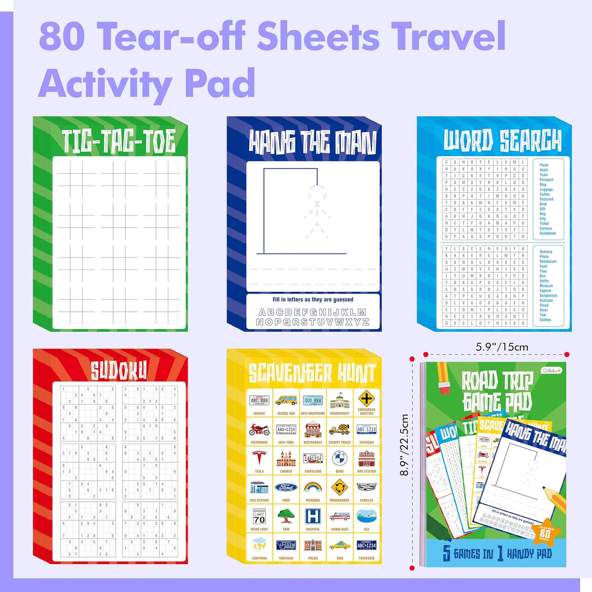 Road Trip Game Pad, 80 Perforated Sheets Travel Activity Pad, 5 Games in 1 Pad, Plane, Car Trip Activity, Pen Pencil & Paper Game for Kids, Adults (6” x 9”)