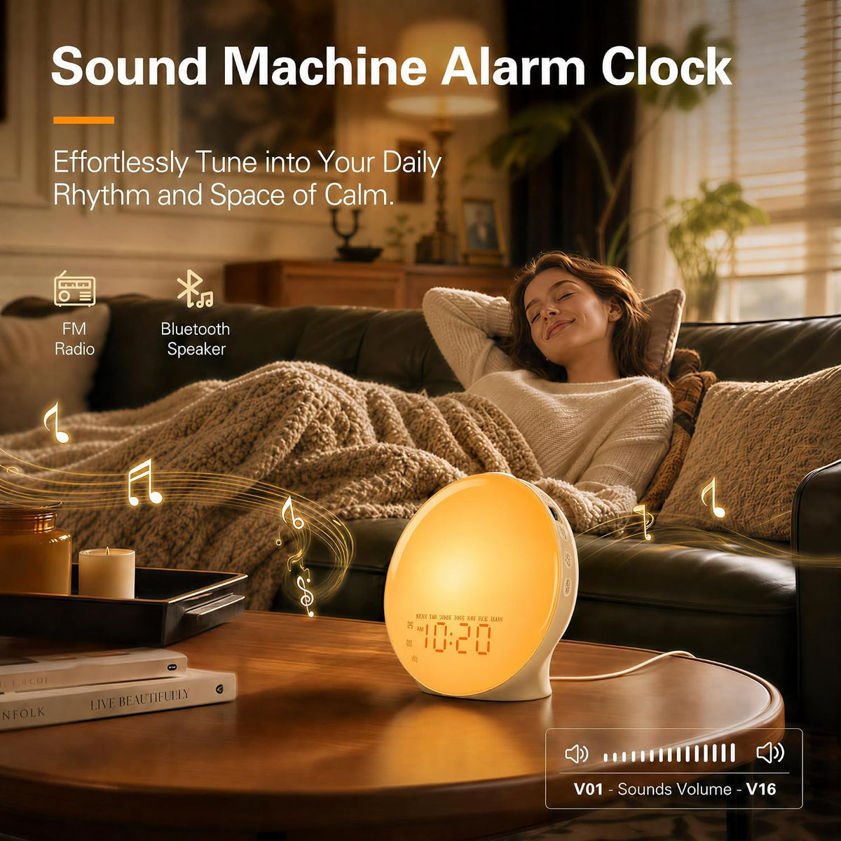 JALL Full-Screen Wake Up Light Sunrise Alarm Clocks for Bedrooms, White Noise Machine for Heavy Sleepers, 25 Natural Sounds, Dual Alarms, FM Radio, 17 Dimmable Colors, Bluetooth Speaker