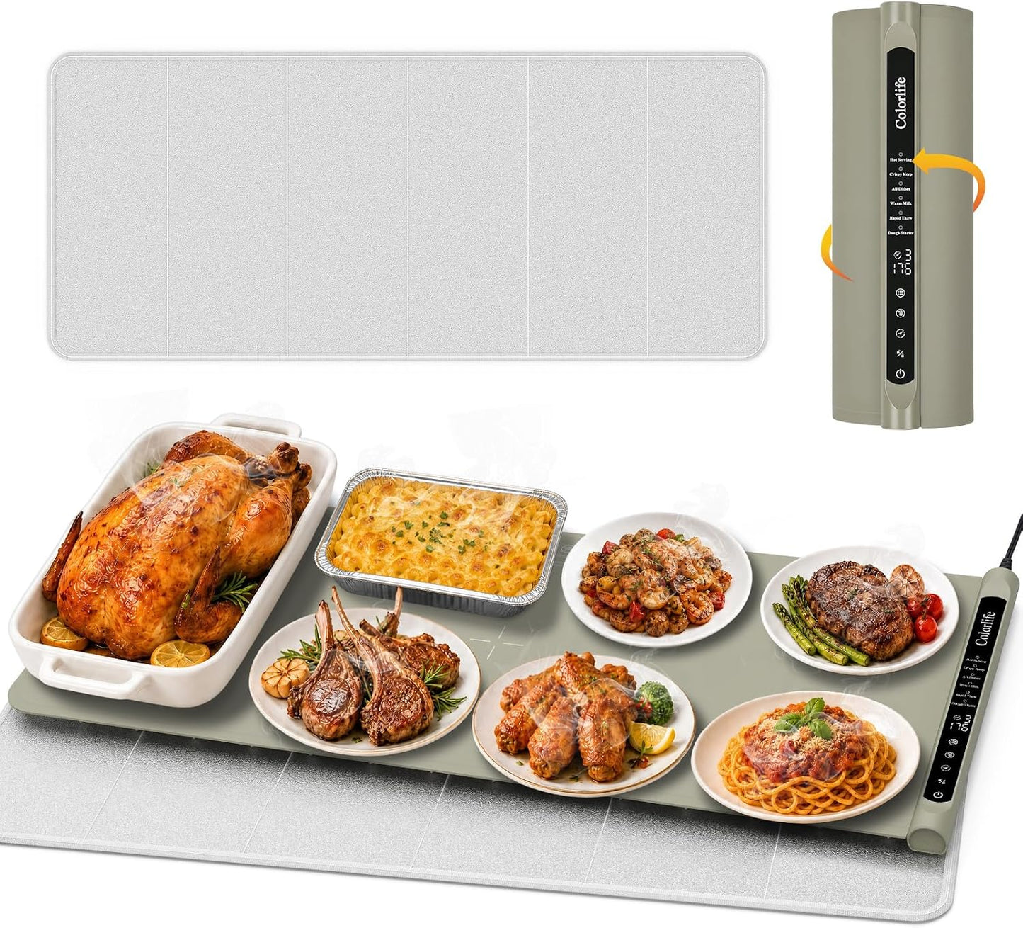 Warming Mat for Food, Electric Warming Tray with Heat-Resistant Pad-L Grey | Colorlife 6 Preset Modes, 7 Temps, 6H Timer, Child Lock, Auto-Memory, Rollable Silicone Food Warmer for Buffet, Parties
