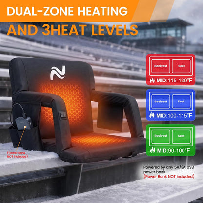 25in 5.12" Extra Thick&Wide Heated Stadium Seat for Bleachers | Sofa Style Design Thick Bleacher Chair With Back and Comfy Cushion, 6 Reclining Positions, 3 Heat Levels (NO Battery)