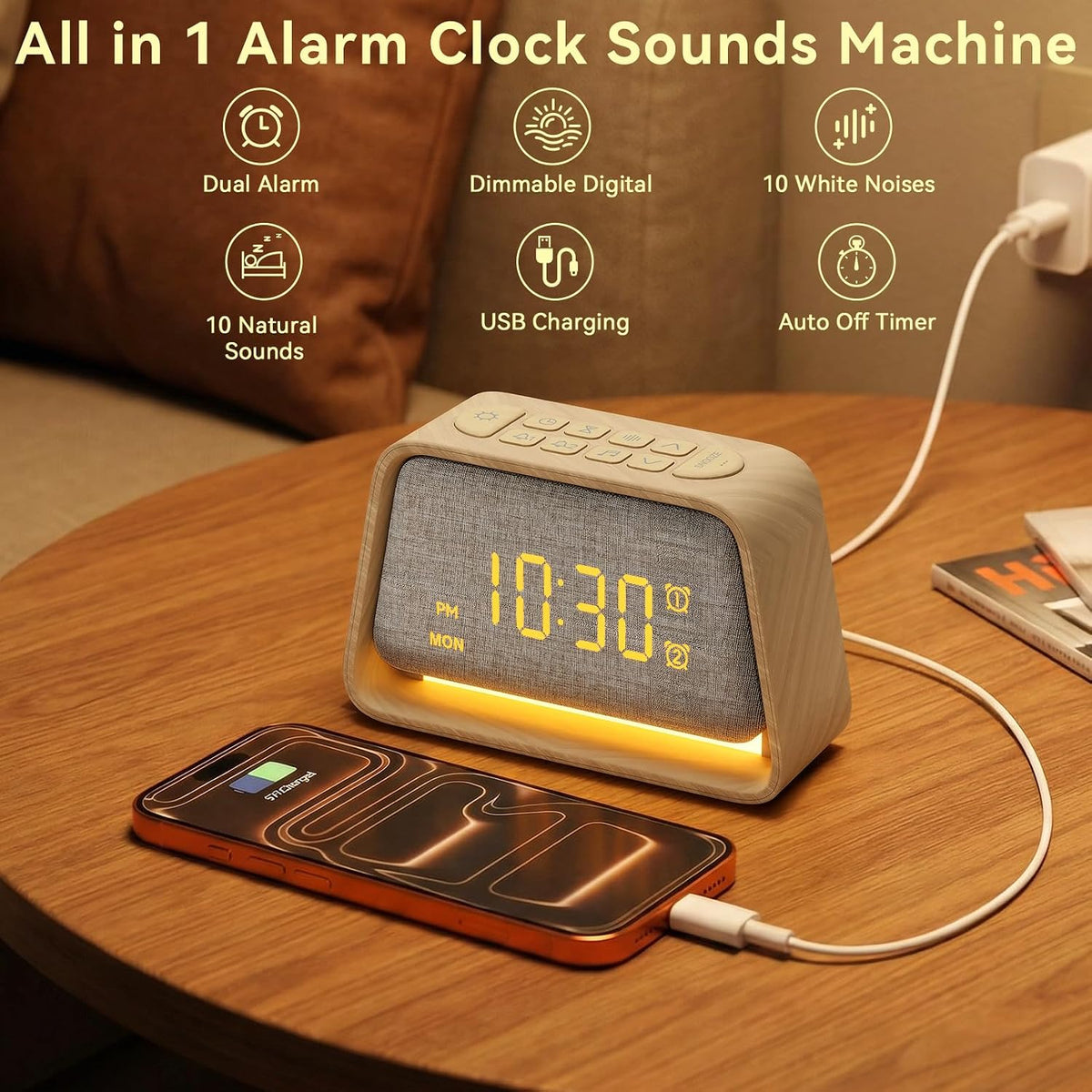 Vivilumens Dual Alarm Clock Wooden 20 White Noise Sound Machine