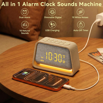 Vivilumens Dual Alarm Clock Wooden 20 White Noise Sound Machine