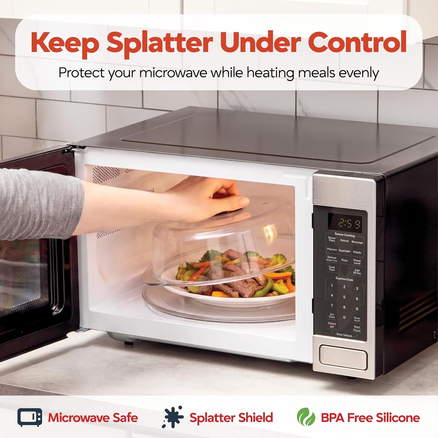 Bezrat Glass Microwave Cover with Silicone Knob and Handles, Splatter Guard Lid, BPA Free, Dishwasher Safe (Black)