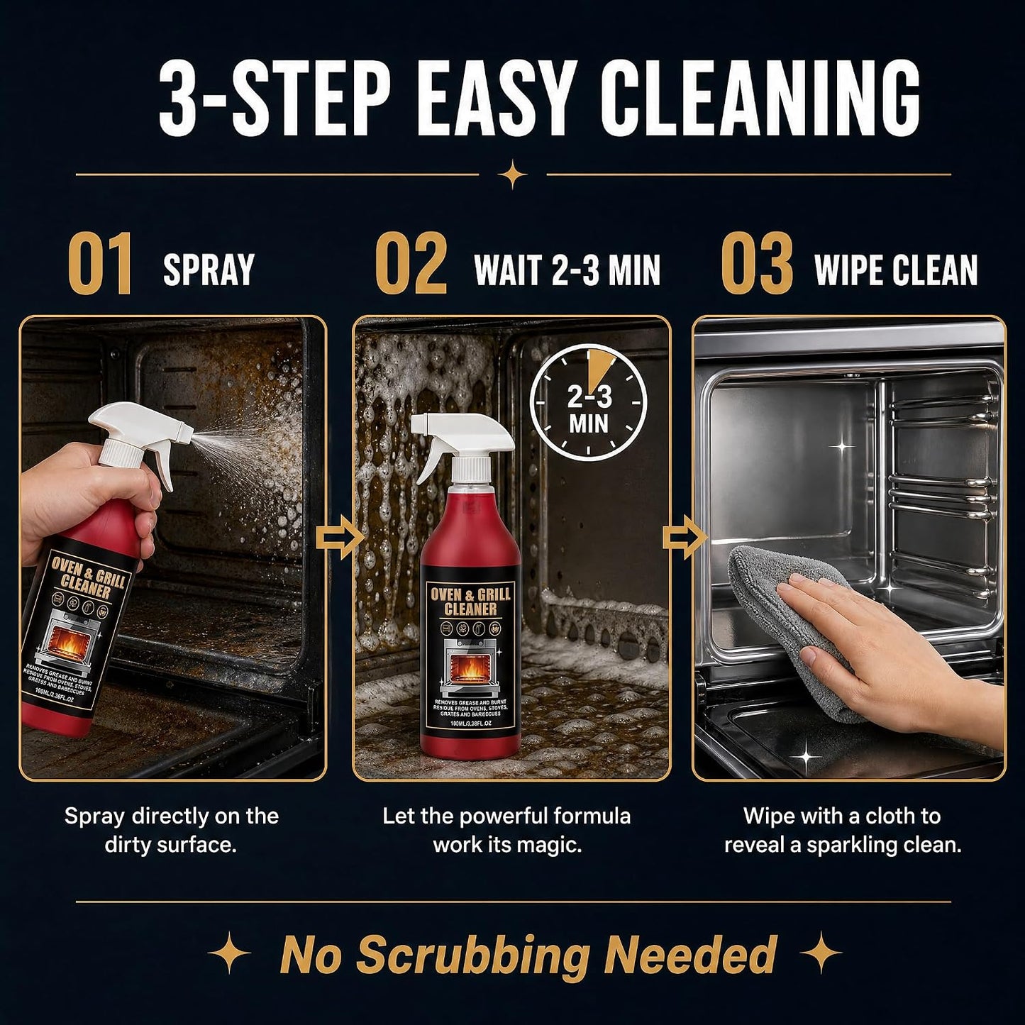 Oven & Grill Cleaner Spray Heavy Duty Super Concentrated Degreaser, No Scrub Formula for Burnt Grease, Air Fryer, BBQ Grates, Stove, Microwave & Kitchen Cookware, Deep Cleaning Solution, 3.38oz/100ML