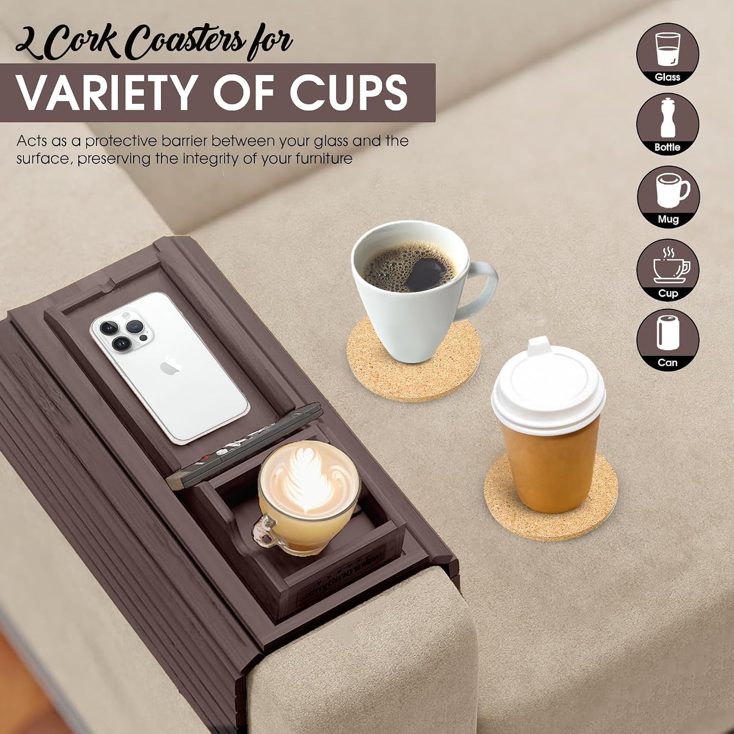 Bamboo Couch Cup Holder, 2 Cork Coasters, Anti-Slip Foldable Couch Arm Tray | 2 in 1 Foldable Sofa Arm Tray, Couch Armrest Table, Anti-Spill Couch Arm Table for Drinks TV Remote Cellphone Snacks
