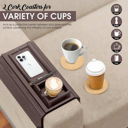 Bamboo Couch Cup Holder, 2 Cork Coasters, Anti-Slip Foldable Couch Arm Tray | 2 in 1 Foldable Sofa Arm Tray, Couch Armrest Table, Anti-Spill Couch Arm Table for Drinks TV Remote Cellphone Snacks