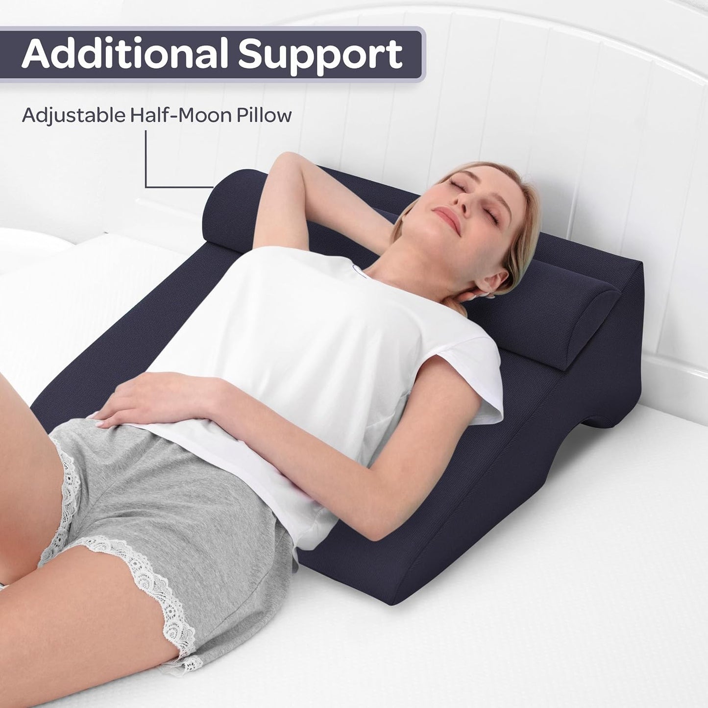 Lavish Home 8in Wedge Pillow - Bed Wedge Pillow for Sleeping - Memory Foam Wedge Pillow for Back Pain Relief, Snoring, and Acid Reflux - Bed Wedge with Half-Moon Pillow and Washable Covers (Navy)