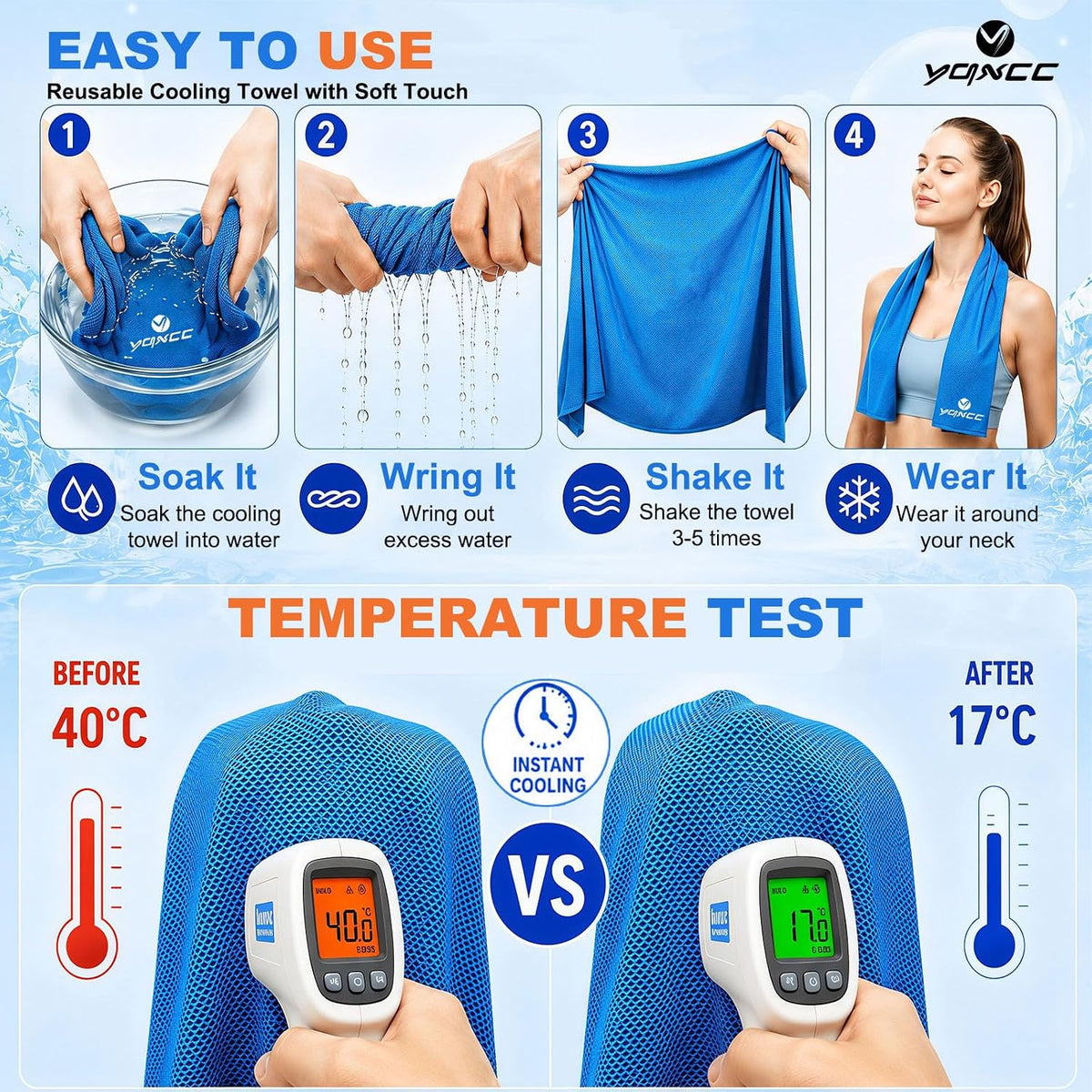 YQXCC 4 Pack Cooling Towels (40"x12"), Ice Cool for Neck & Face