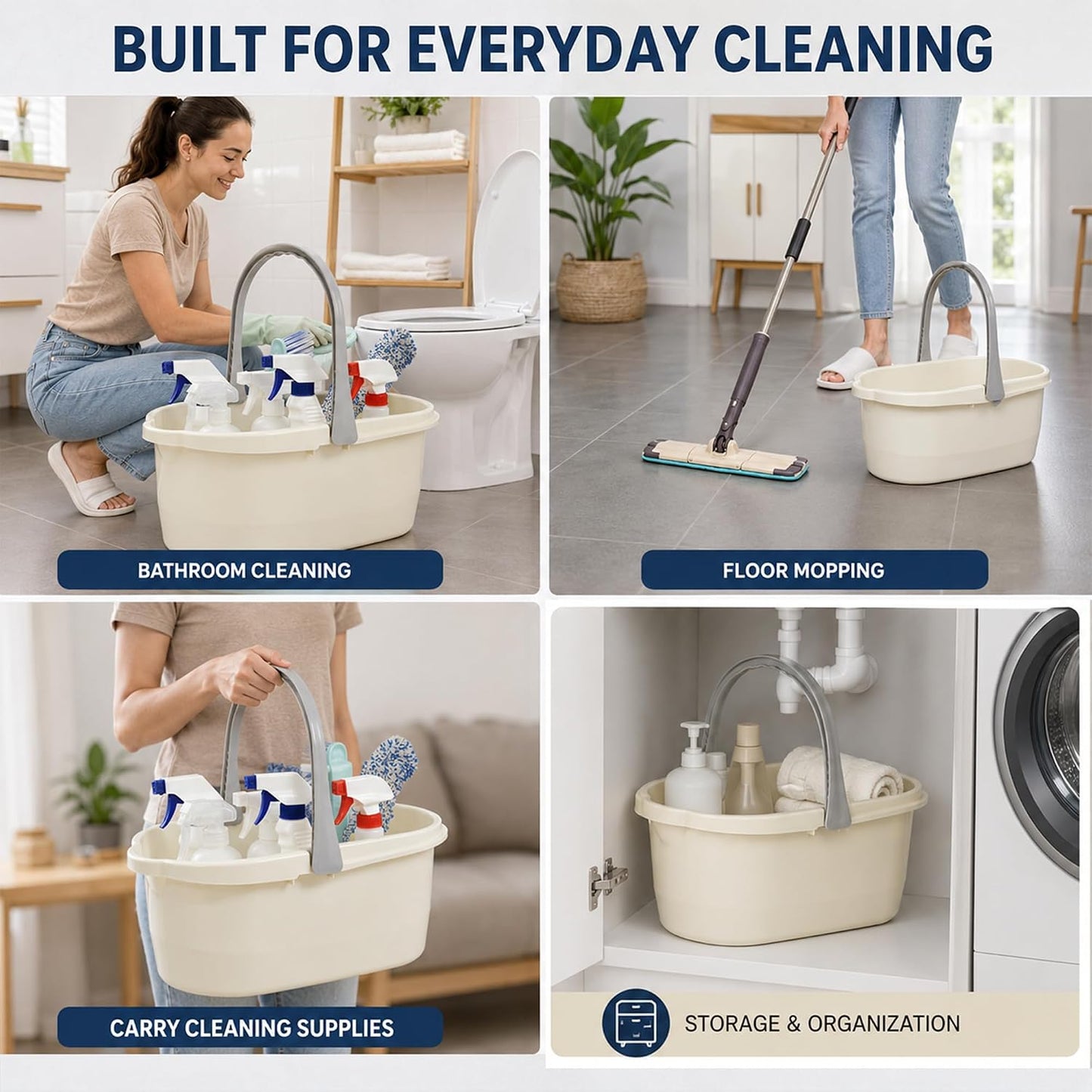 Haundry Compact Mop Bucket with Handle, Rectangular Cleaning Bucket and Caddy for Cleaning Supplies, 10L, Grey