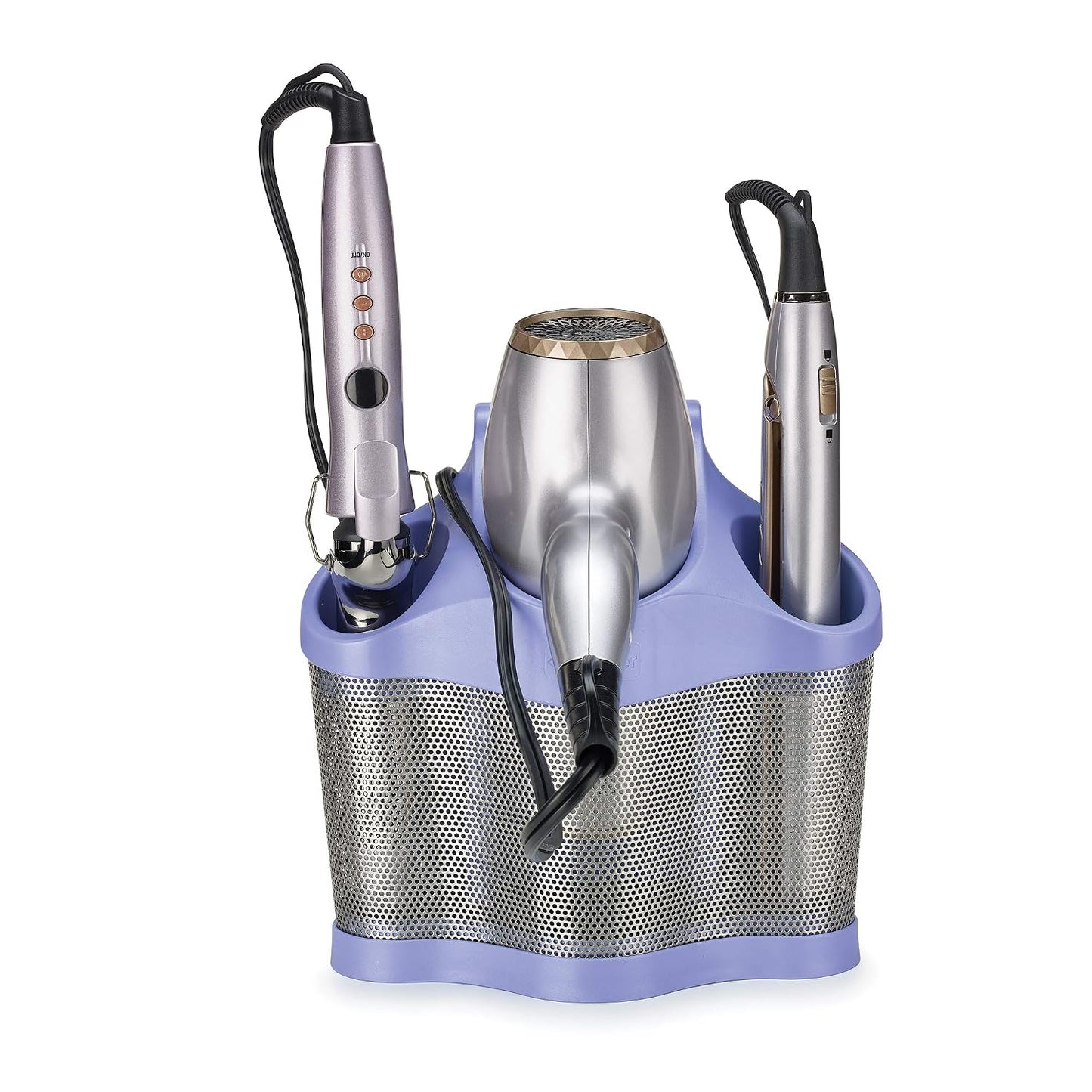 Polder Style Station, Tool Organizer for Hair Dryer, Curling Iron, and Straightener, Easy-to-Store Hair Styling Station, White and Silver