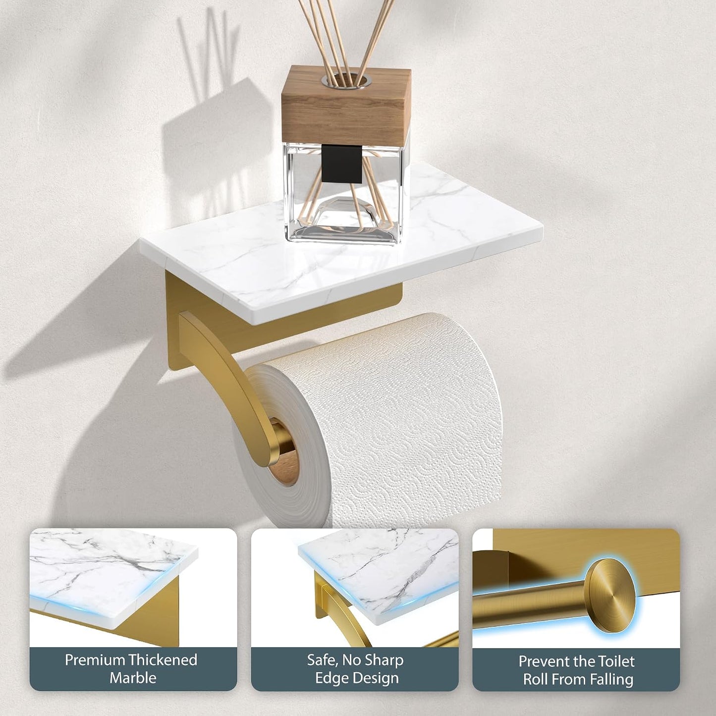 FORIOUS Toilet Paper Holder with Shelf, Natural Marble, Commercial | Brushed Nickel, Wall Mount 304 Stainless Steel Commercial Bathroom Tissue Roll Dispenser, Heavy Duty Washroom Paper Storage