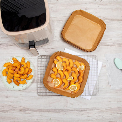 Restaurantware-Pastry Tek 8.1 x 5.5 x 1.8 Inch Air Fryer Liners, 100 Rectangle Air Fryer Baskets - No-Stick Silicone Coating, Unbleached, Food-Grade Paper Liners, For Steamer, Microwave, Oven