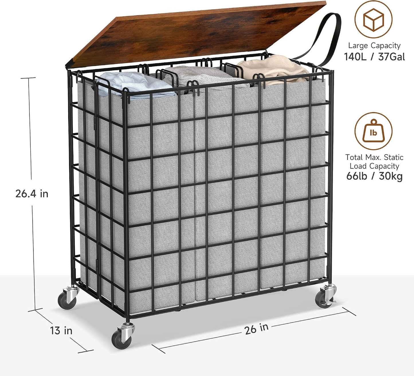 90L Laundry Basket with Wheels, Large Capacity Laundry Hamper with Removable Liner Bags, Heavy Duty Laundry Sorter with Solid Wood Lid & Leather Handles, Grey