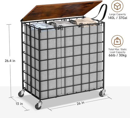 90L Laundry Basket with Wheels, Large Capacity Laundry Hamper with Removable Liner Bags, Heavy Duty Laundry Sorter with Solid Wood Lid & Leather Handles, Grey