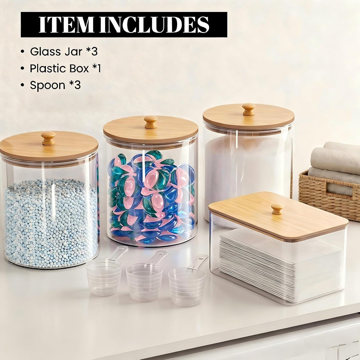 HomePekite Laundry Pods Storage Container, Clear Laundry Room Organization and Storage ,Detergent Powder Container,with Wooden Lids & Labels, 3+1 Pack