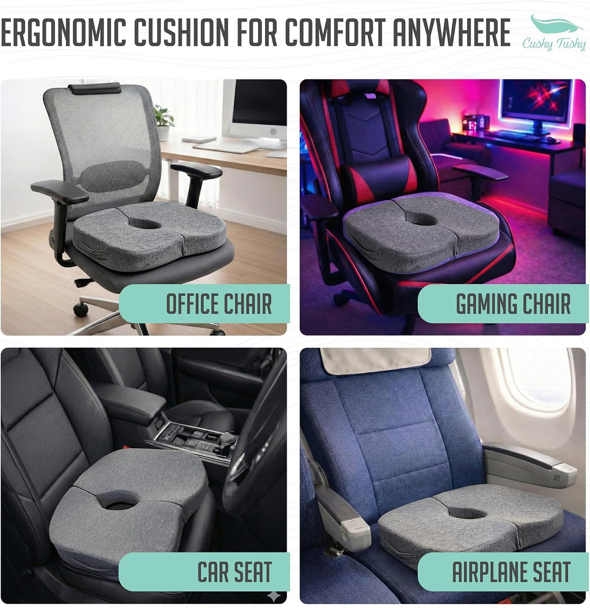 Cushy Tushy Premium Foldable Travel Seat Cushion - for Relief of Lower Back, Sciatic, Butt and Tailbone Pain - for Home & Office Use, Perfect for Travel or Driving - Coccyx Seat Cushion