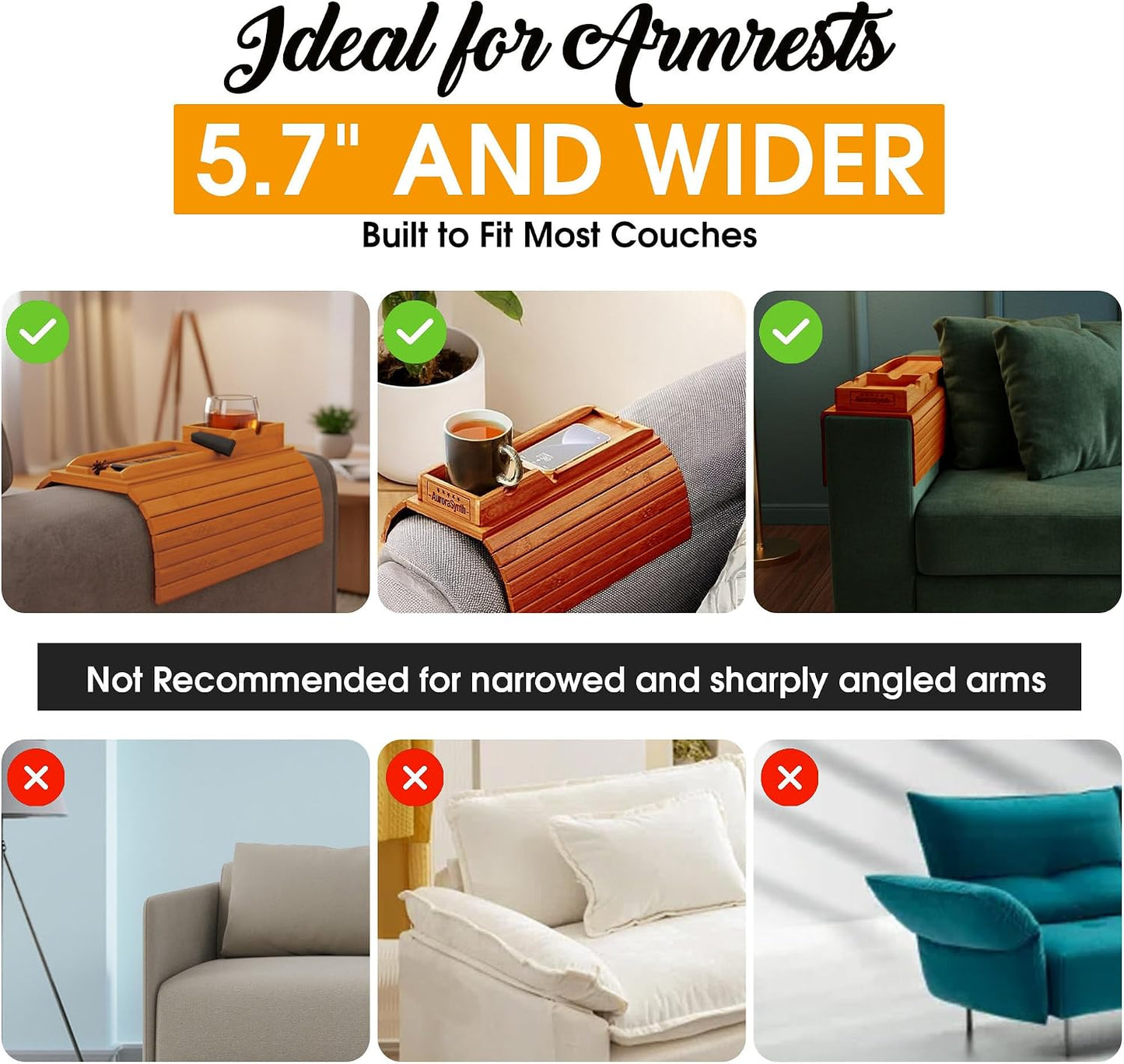 Bamboo Couch Cup Holder, 2 Cork Coasters, Anti-Slip Foldable Couch Arm Tray | 2 in 1 Foldable Sofa Arm Tray, Couch Armrest Table, Anti-Spill Couch Arm Table for Drinks TV Remote Cellphone Snacks