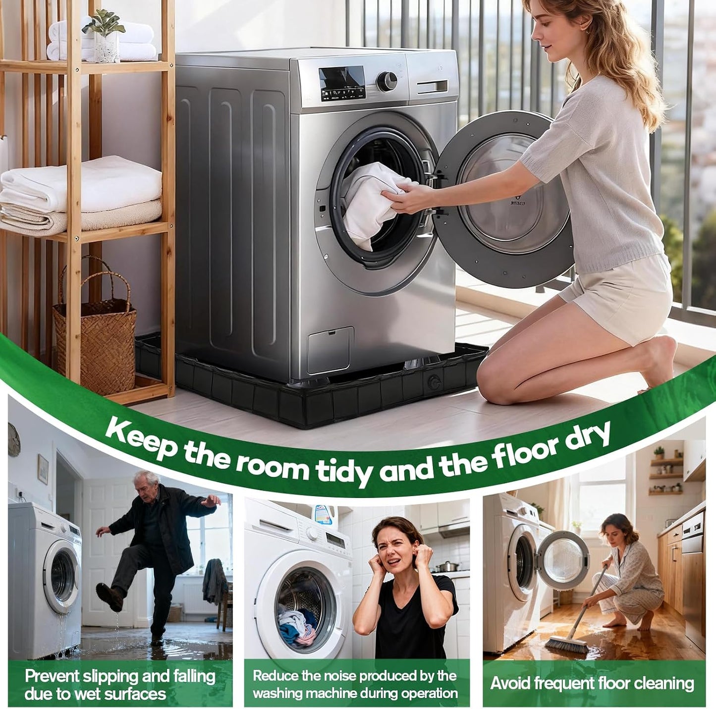 Foldable Washing Machine Drain Pan with Drain Pipe & 4 Anti-Vibration Pads, 31.5x31.5x4.7 Inch Portable Leak Proof Tray for Washer/Dryer, Non-Slip Waterproof Drip Pan with Raised Edge