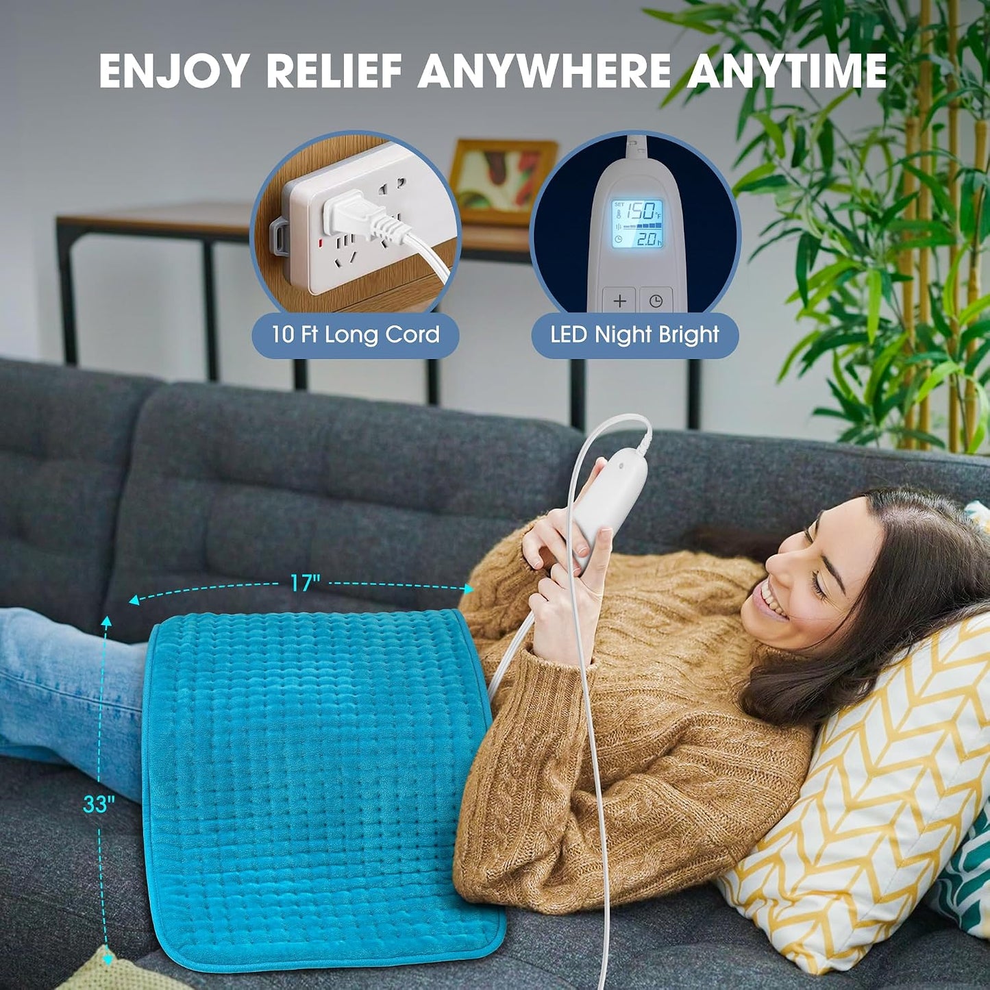FluffyWarmth Electric Heating Pad for Back, Extra Large 17"x33", Ultra Soft | XXXL for Full Body, Period Cramps, Neck Shoulder Back Pain Relief, 6 Heat Settings 4 Timers Heating Pad, Gifts for Women Men