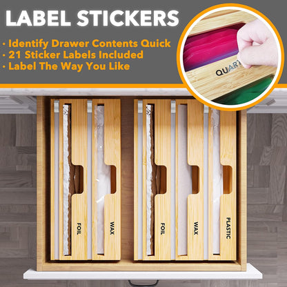 SpaceAid WrapNeat 2 in 1 Wrap Organizer with Cutter and Labels, Plastic Wrap, Aluminum Foil and Wax Bamboo Dispenser for Kitchen Storage Organization Holder for 12" Roll (Natural)