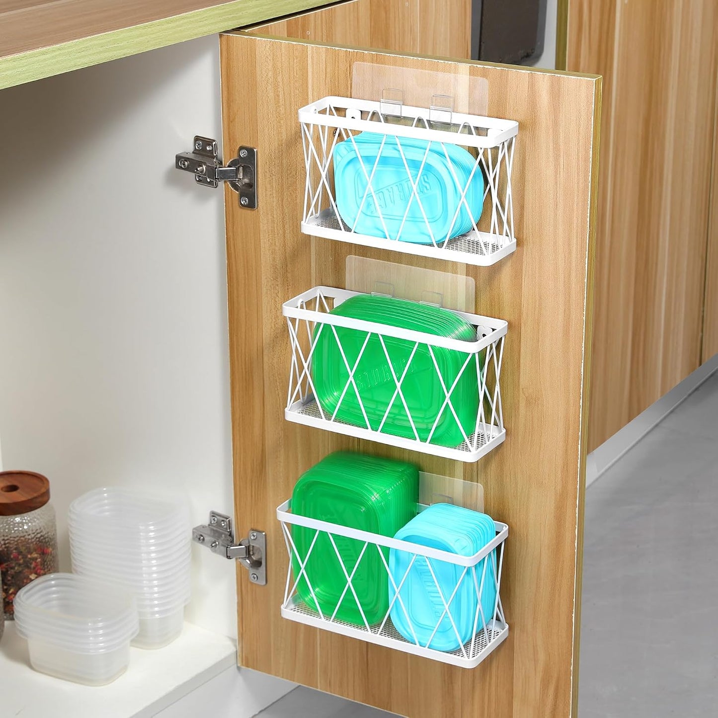 YIGII 3 Pack Adhesive Cabinet Organizer - Pantry Door Organizer Bin Holder for Tupperware Lid Kitchen, Black Stainless Steel