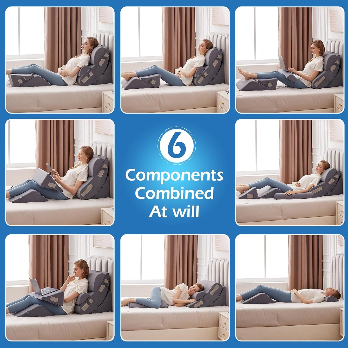 Ahpmeoa 6PCS Wedge Pillow Set for After Surgery, Orthopedic Bed Wedge Pillow for Headboard, Memory Foam Back Pillow for Bed Sitting Up, Sit Up Pillow for Acid Reflux Relief, GERD, Anti Snoring (White)