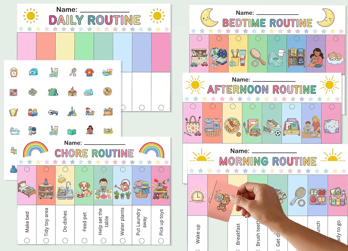 19PCS Kids Flip Daily Household Routine Chart Set – Morning/Afternoon/Bedtime & Chore Visual Schedule for Kids with Include Customizable Routine Chart with Stickers & Velcro Dots