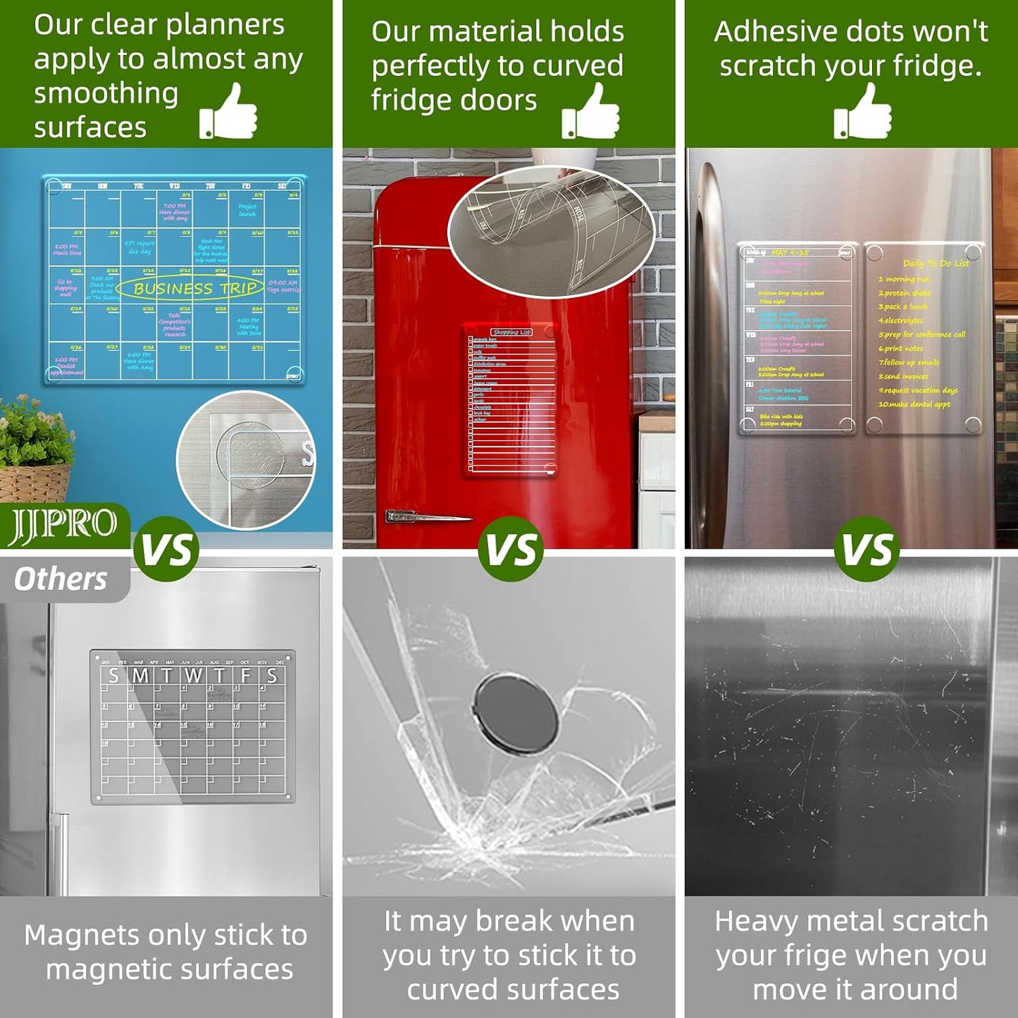 JJPRO Non-Magnetic Dry Erase Calendar for Fridge, Monthly Calendar, Weekly Planning Board Bundle for All Smooth Surfaces. Clear Reusable Calendar Stick to Fridge,Cabinet,Door&Glass