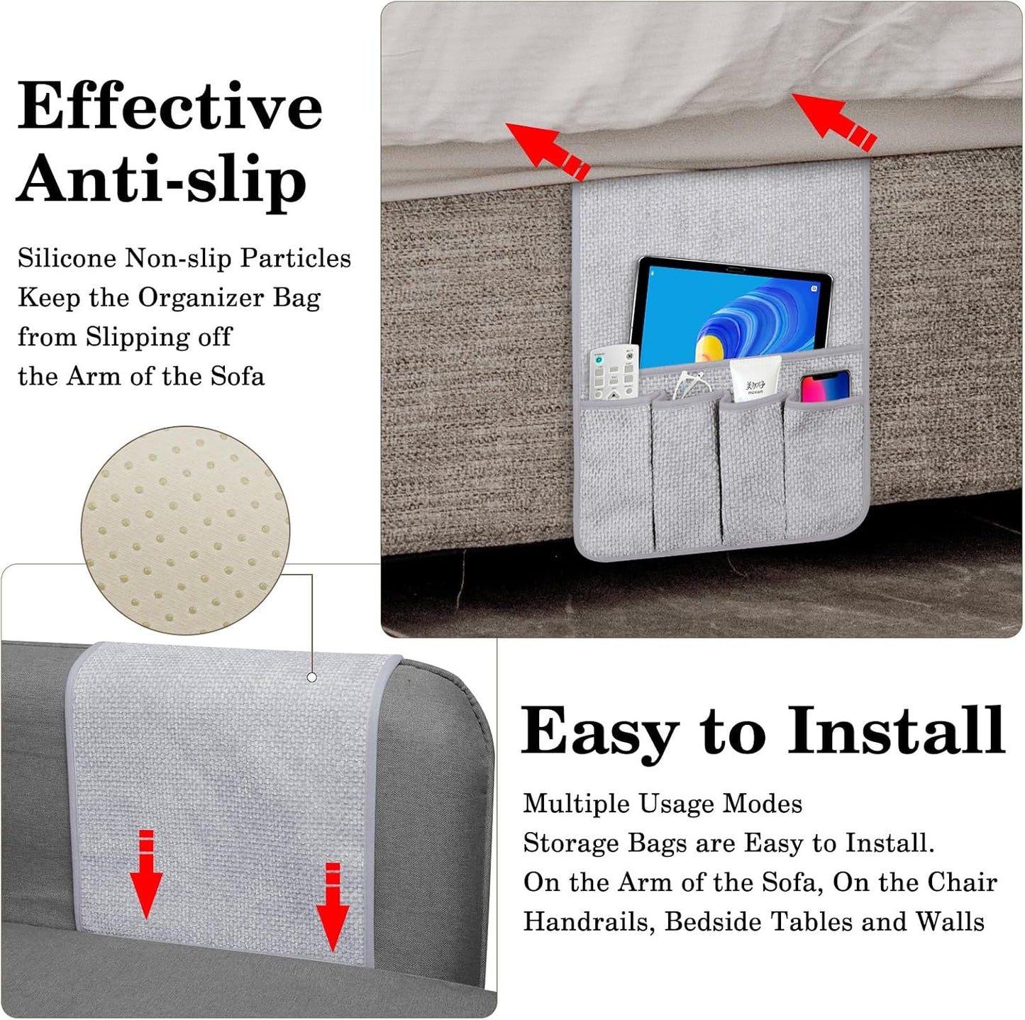 Remote Control Holder Couch Caddy, Armchair Caddy for Recliner 5 Pockets | TV Remote Holder Couch Armrest for Bed Storage with 5 Pockets, Remote Caddy Bedside Table Organizer (Light Gray,35''x13'')