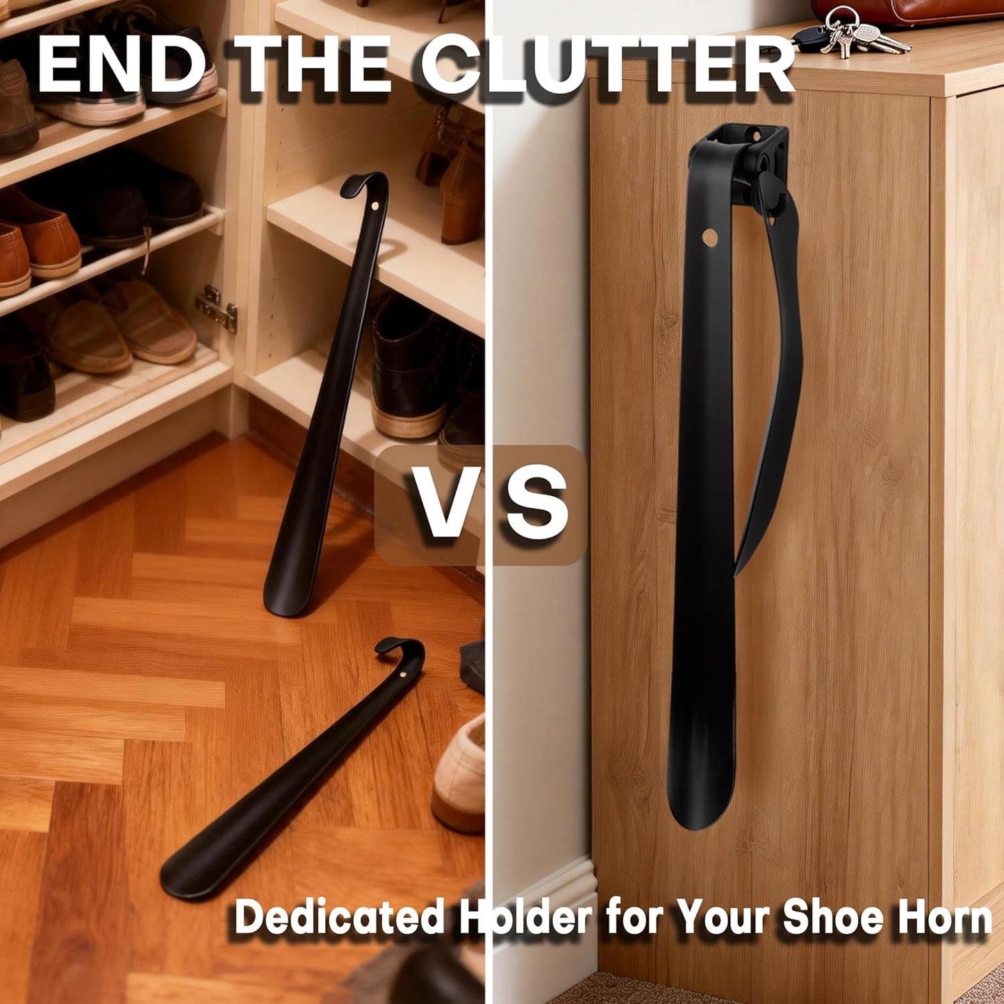 Shoe Horn Holder Set, Wall Mounted Adhesive & Screw Included, No Drill or Drill Optional Shoe Horn Organizer Bracket, Space-Saving Entryway Closet Storage Solution (2, Black)