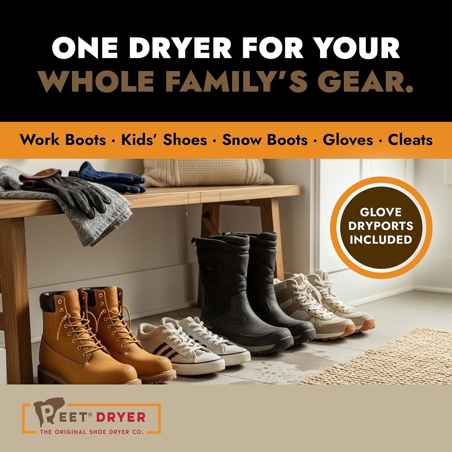 PEET Multi Boot, Shoe & Glove Electric Dryer with Built-In Glove DryPorts | Includes 2 Pairs of Shoes & 1 Pair of Glove Dryports, Silent & Always-On, For Ski, Snowboard & Hockey Gear, Made in USA