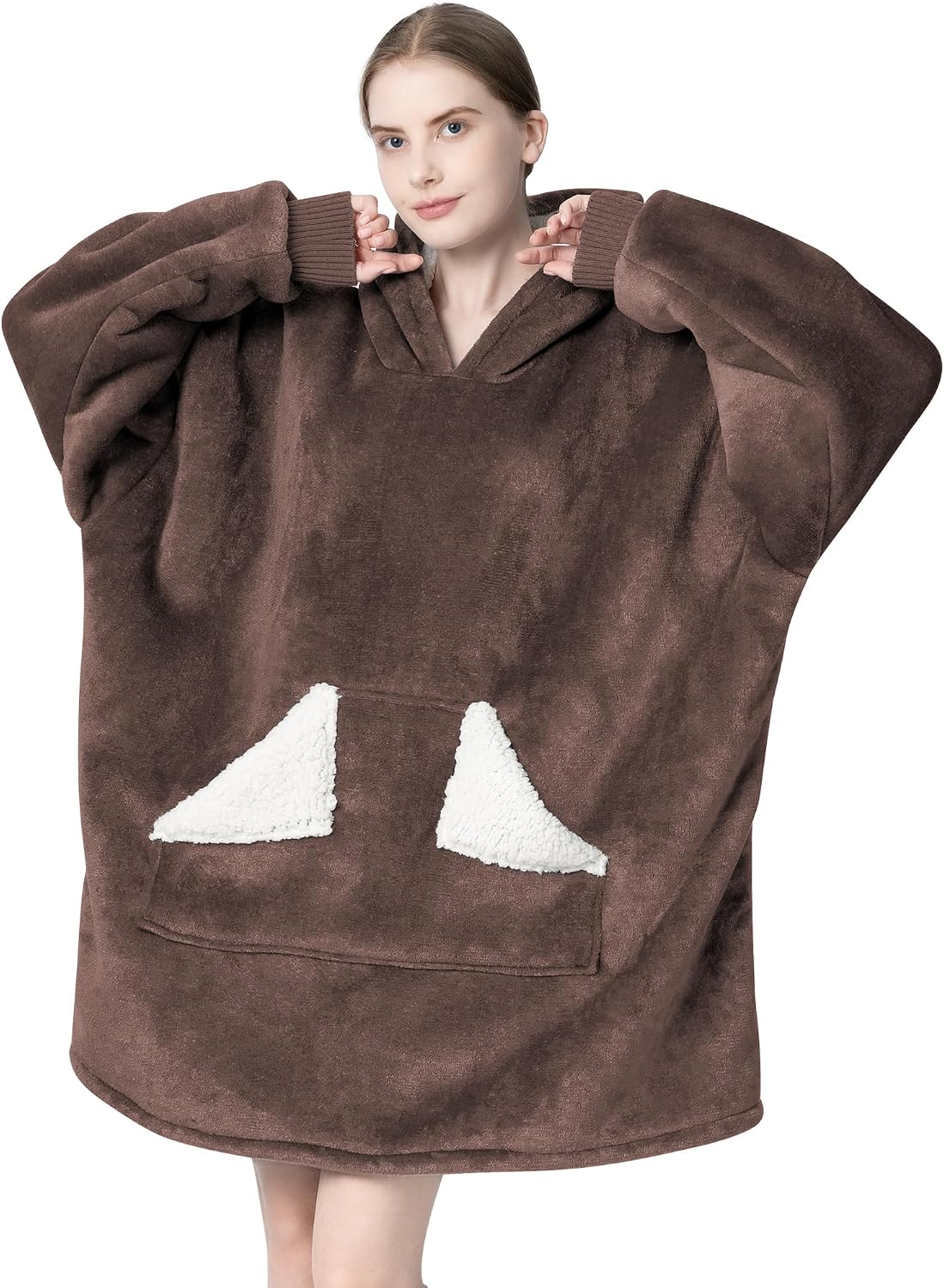Wearable Blanket Hoodie, Oversized Sherpa Fleece Sweatshirt Blanket with Giant Hood Pocket and Sleeves for Adult, Warm & Cozy Grey Blanket Gifts for Women
