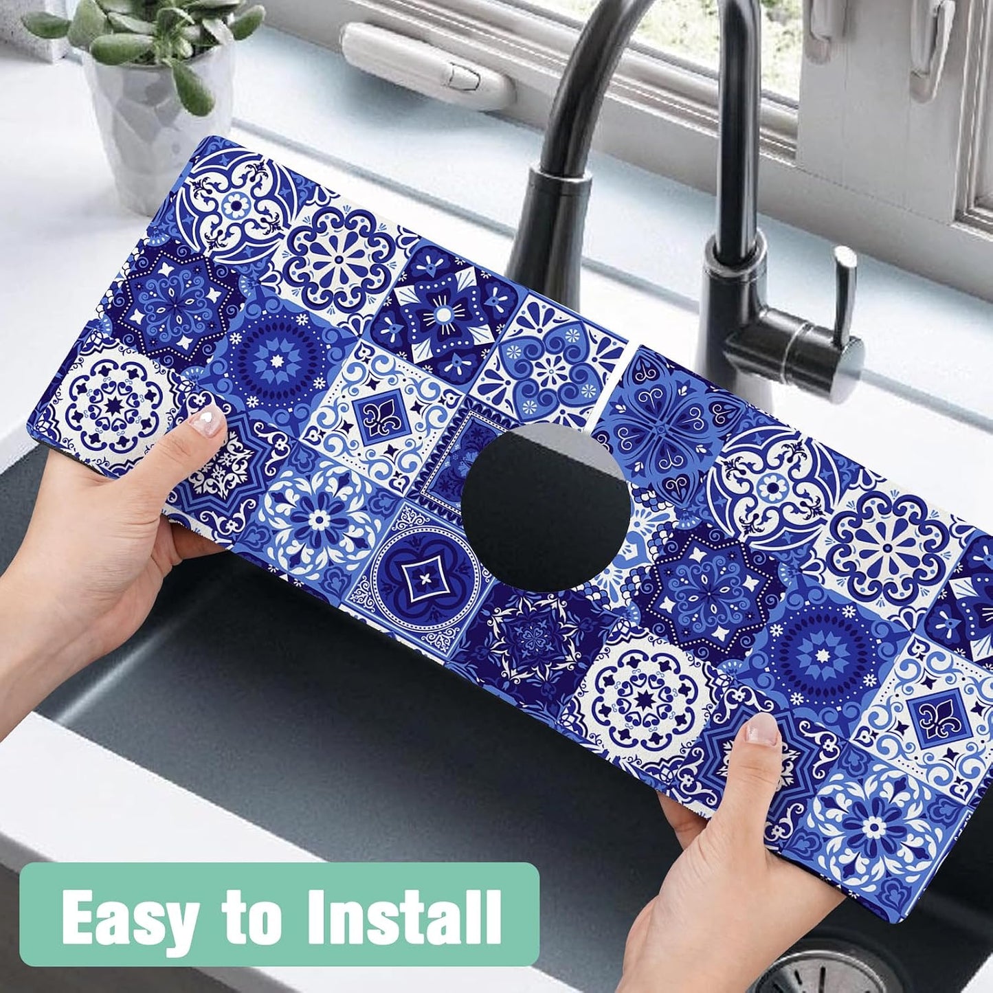 Kitchen Sink Splash Guard Faucet Mat 24" X 5.5" Tropical Leavesl Absorbent Fast Drying Mat Faucet Draining Mat Sink Splash Guard Behind Faucet Drip Catcher for Kitchen Bathroom