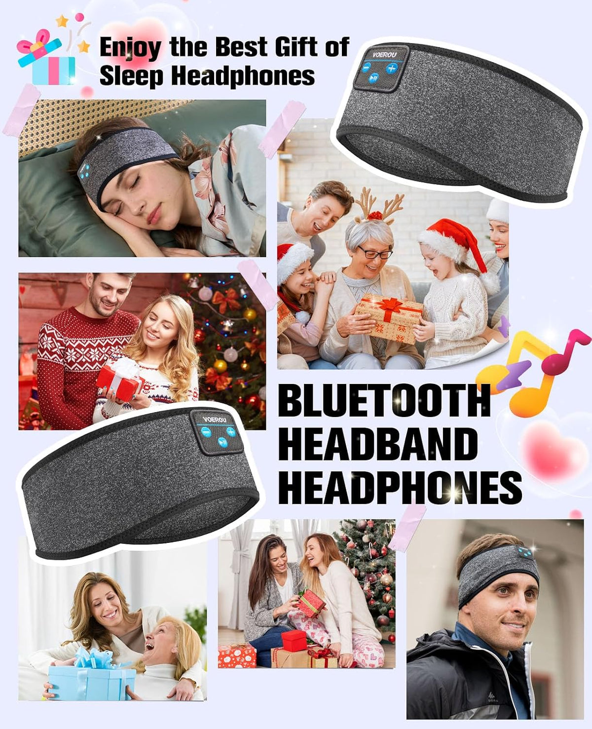 Voerou Sleep Headphones Bluetooth 5.4 Headband, Breathable Sports Headband Sleeping Headphones Eye Mask Music Earbuds, Perfect for Sleep Exercises Workout Yoga Travel, Cool Tech Gadgets Gifts for Men