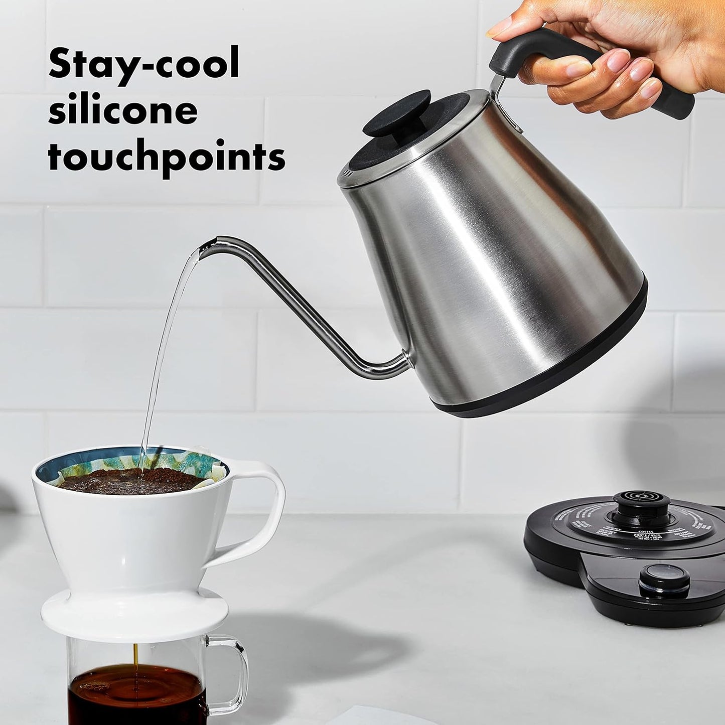 OXO Brew Pour Over Gooseneck Electric Kettle - Stainless Steel | Adjustable Temperature Control, Built-In Timer, Cord Free, Precise Pour, Automatic Shut-Off, Coffee And Tea