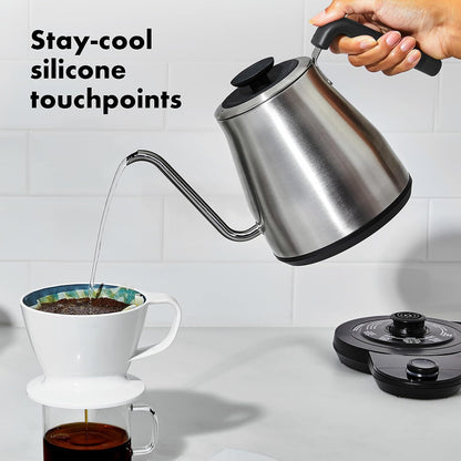 OXO Brew Pour Over Gooseneck Electric Kettle - Stainless Steel | Adjustable Temperature Control, Built-In Timer, Cord Free, Precise Pour, Automatic Shut-Off, Coffee And Tea