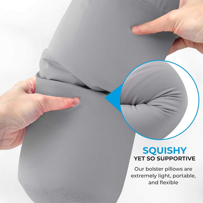 Squishy Deluxe Tube Microbead Bolster Pillow with Stay-Cool Fill & Silky Removable Cover, Flexible, Head, Neck & Back Support for Home & Away, Carrying Case, 13 x 6 inches, Grey