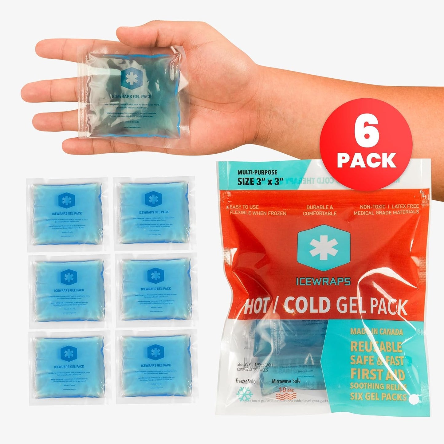ICEWRAPS Reusable Ice Packs Compact 3 x 3 inches, Soft Cooling Pack, 6 Pack | Hot or Cold Use, Puncture Resistant, Flexible Ice Pack for Everyday Comfort, Multipurpose Gel Design, FSA-HSA Eligible