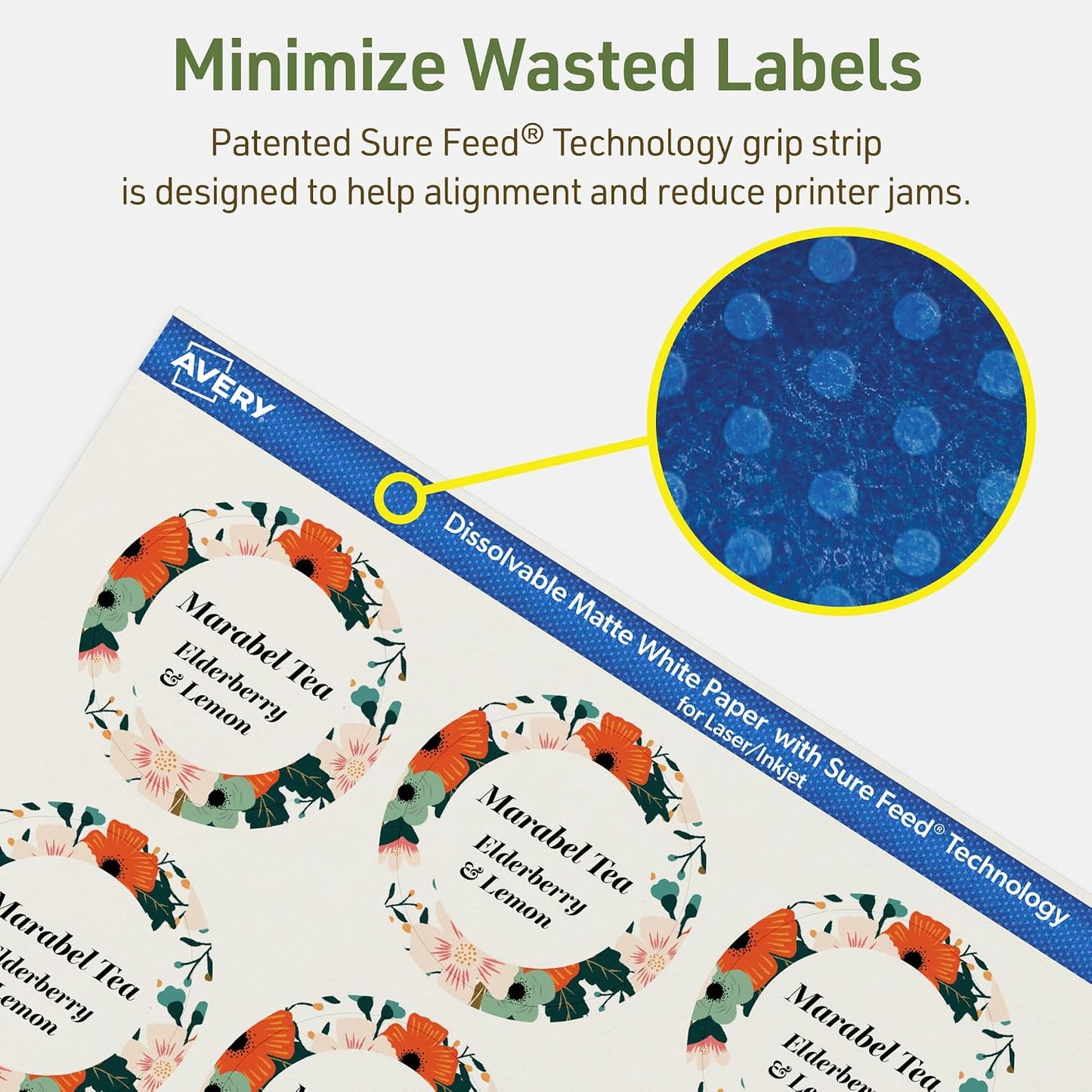 Avery Dissolvable Round Labels, Sure Feed Technology, 2" Diameter, Matte White, Print-to-The-Edge, Laser/Inkjet Printable, 60 Labels Total
