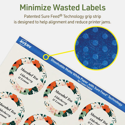 Avery Dissolvable Round Labels, Sure Feed Technology, 2" Diameter, Matte White, Print-to-The-Edge, Laser/Inkjet Printable, 60 Labels Total