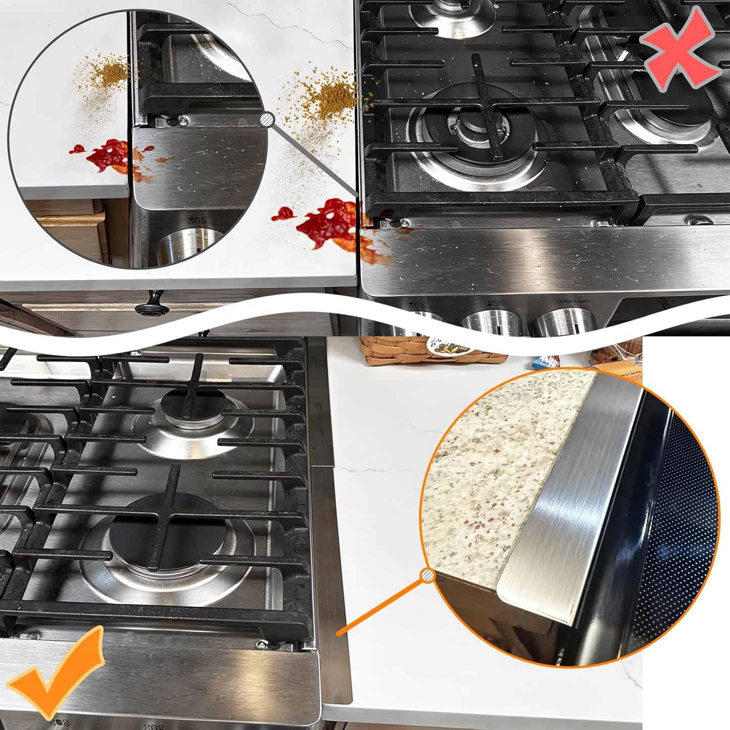 Stove Gap Covers Stainless Steel, Stove Gap Filler Between Stove and Counter, Stove Gap Guards and Range Trim Kit, Easy Retractable Length 13.8" to 27.6", Width 1", Heat-Resistant Stove Guard (2 Pack)