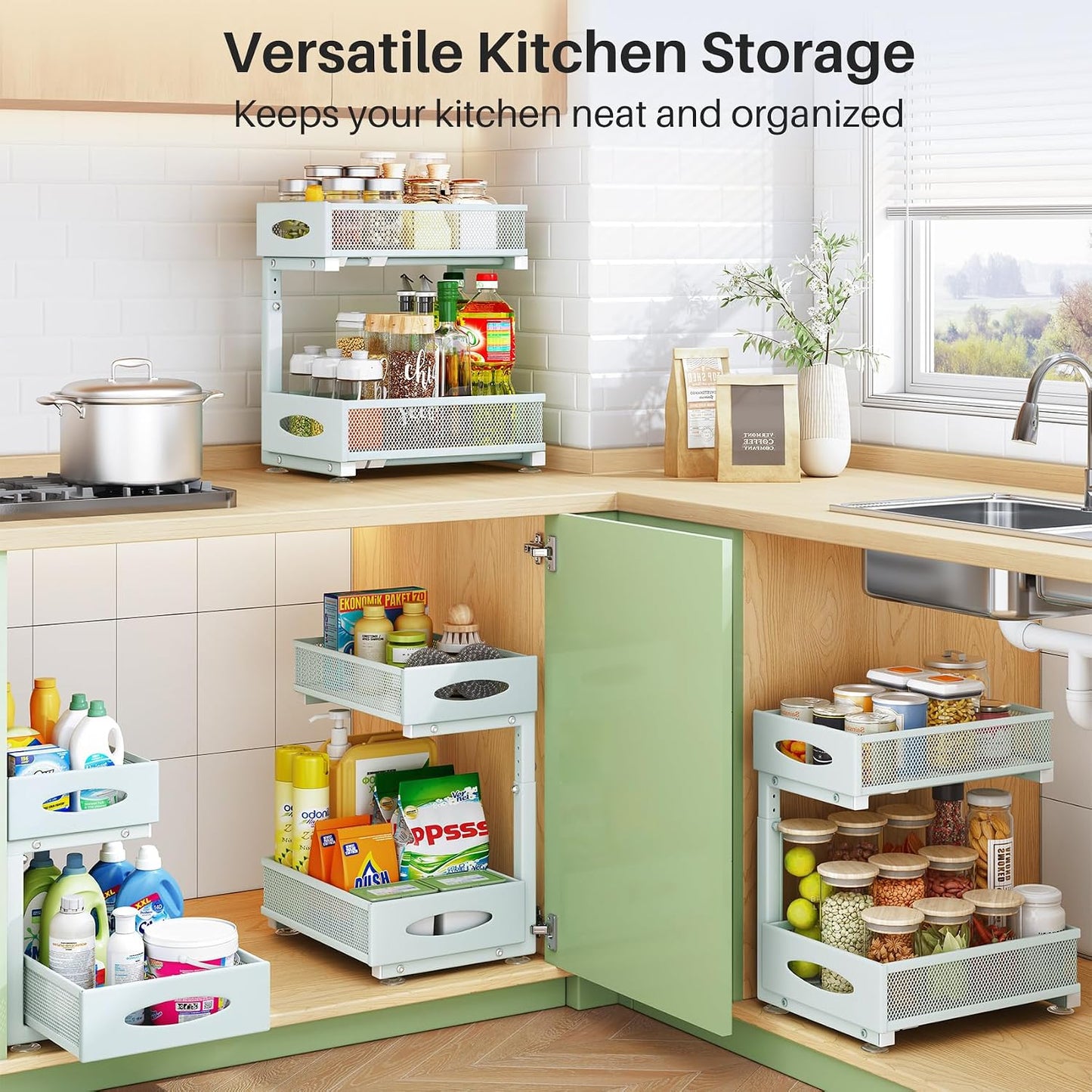 Under Sink Organizer, 2 Tier Pull out Cabinet Organizer Baskets with Mesh Sliding Drawers, Slide out Storage Shelf for Home, Kitchen, Bathroom, Pantry, Office Cabinet, Countertop(1 Pack)