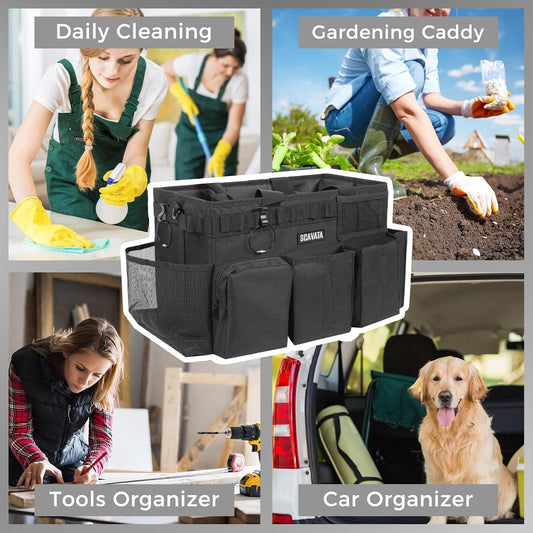 SCAVATA Wearable Cleaning Caddy Bag, Cleaning Caddy Supplies Organizer with Handle & Shoulder Straps for Housekeepers, Under Sink & Car Cleaning Tool Organizers with 4 Foldable Divider (Lake Blue)
