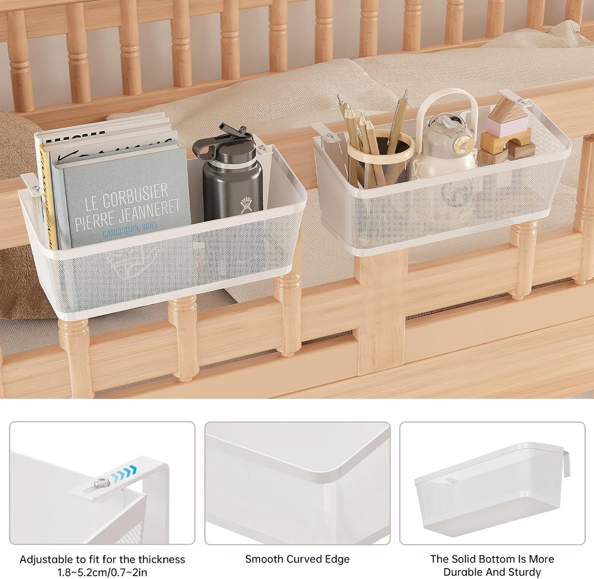 2 Pack Bedside Caddy Organizer, White Metal Hanging Storage Baskets for Bed Rail and Headboard, Bunk Bed Shelves, College Dorm Room Essentials, Holds Phones, Books, Tablets and Bottles (Extra Large)