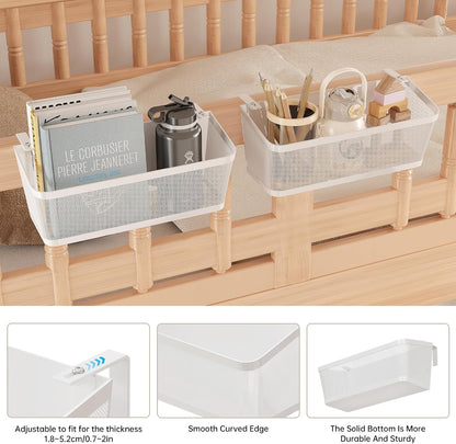 2 Pack Bedside Caddy Organizer, White Metal Hanging Storage Baskets for Bed Rail and Headboard, Bunk Bed Shelves, College Dorm Room Essentials, Holds Phones, Books, Tablets and Bottles (Extra Large)