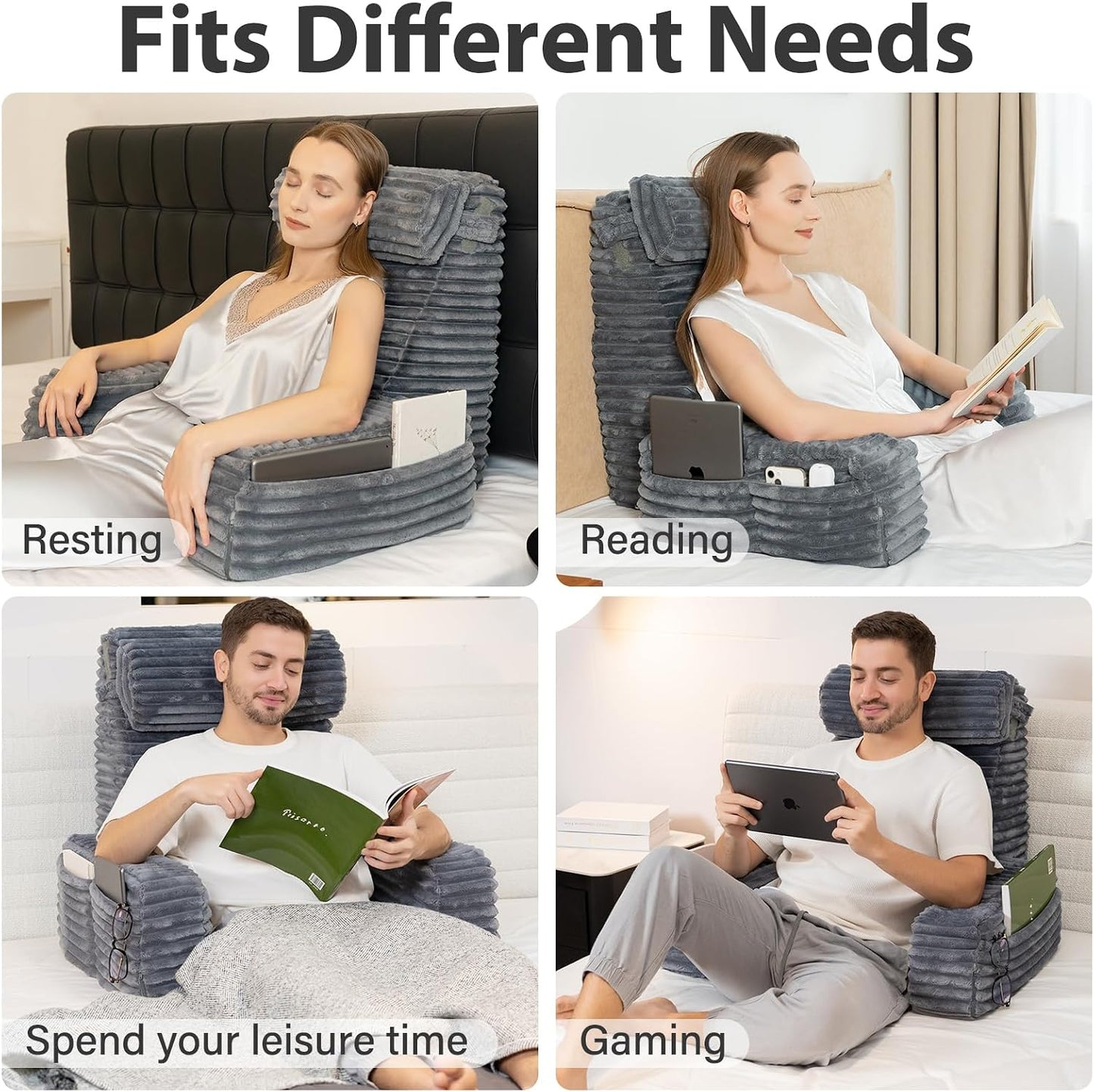 ENITYA 22" XL Back Pillow for Bed Sitting Up with Armrests & Big Pockets | Reading Pillow for Bed, Soft Back Support Chair, Ideal for Watching TV, Gaming, Nursing, Resting, Post Surgery, Dark Grey