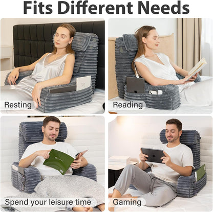 ENITYA 22" XL Back Pillow for Bed Sitting Up with Armrests & Big Pockets | Reading Pillow for Bed, Soft Back Support Chair, Ideal for Watching TV, Gaming, Nursing, Resting, Post Surgery, Dark Grey