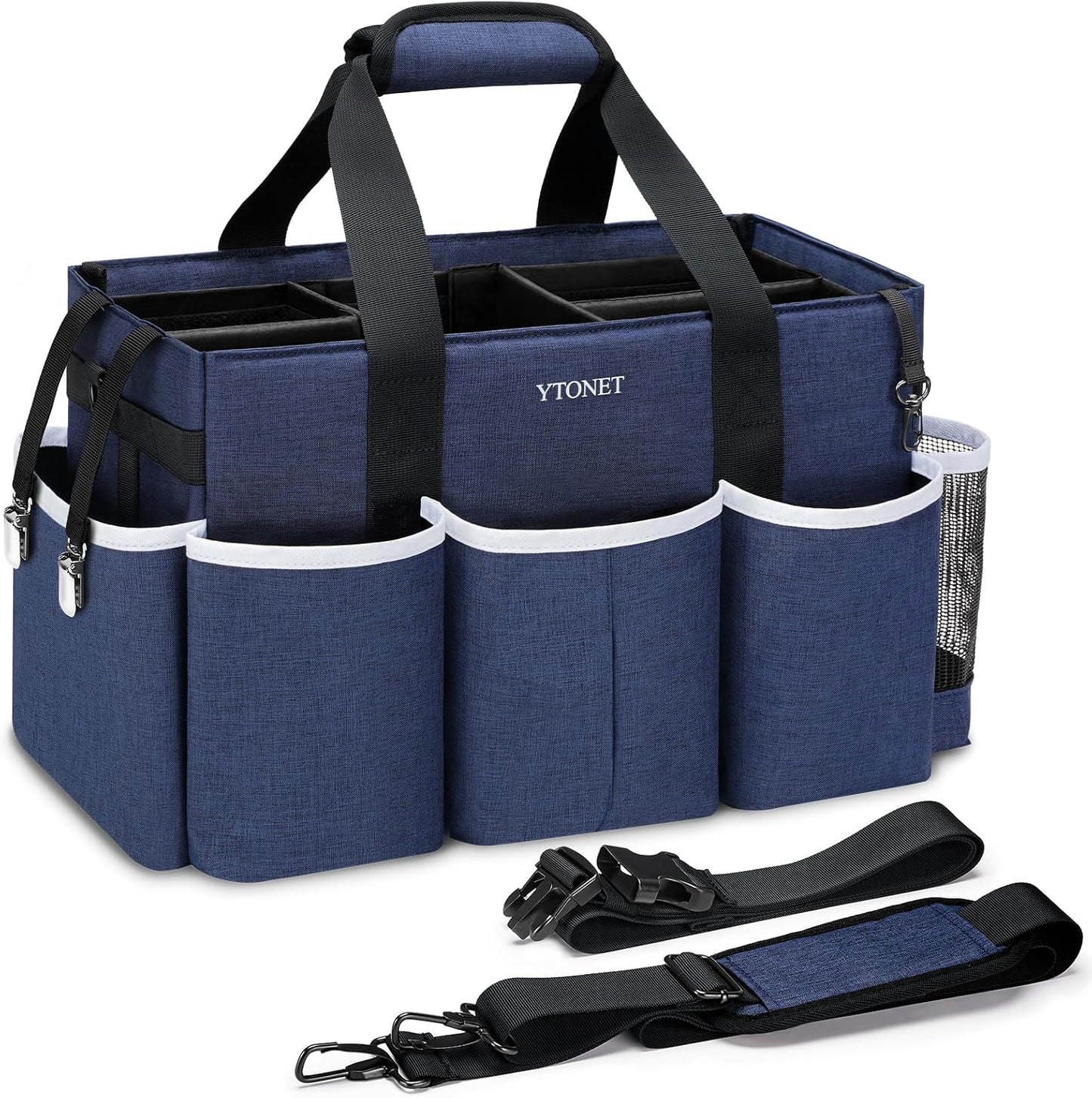 Ytonet Wearable Cleaning Caddy Bag, Large Cleaning Supplies Organizer, Blue | with 4 Foldable Dividers, Shoulder Strap&Waist Strap, Professional Cleaning Bag with Handle for Kitchen Housekeepers Cleaners