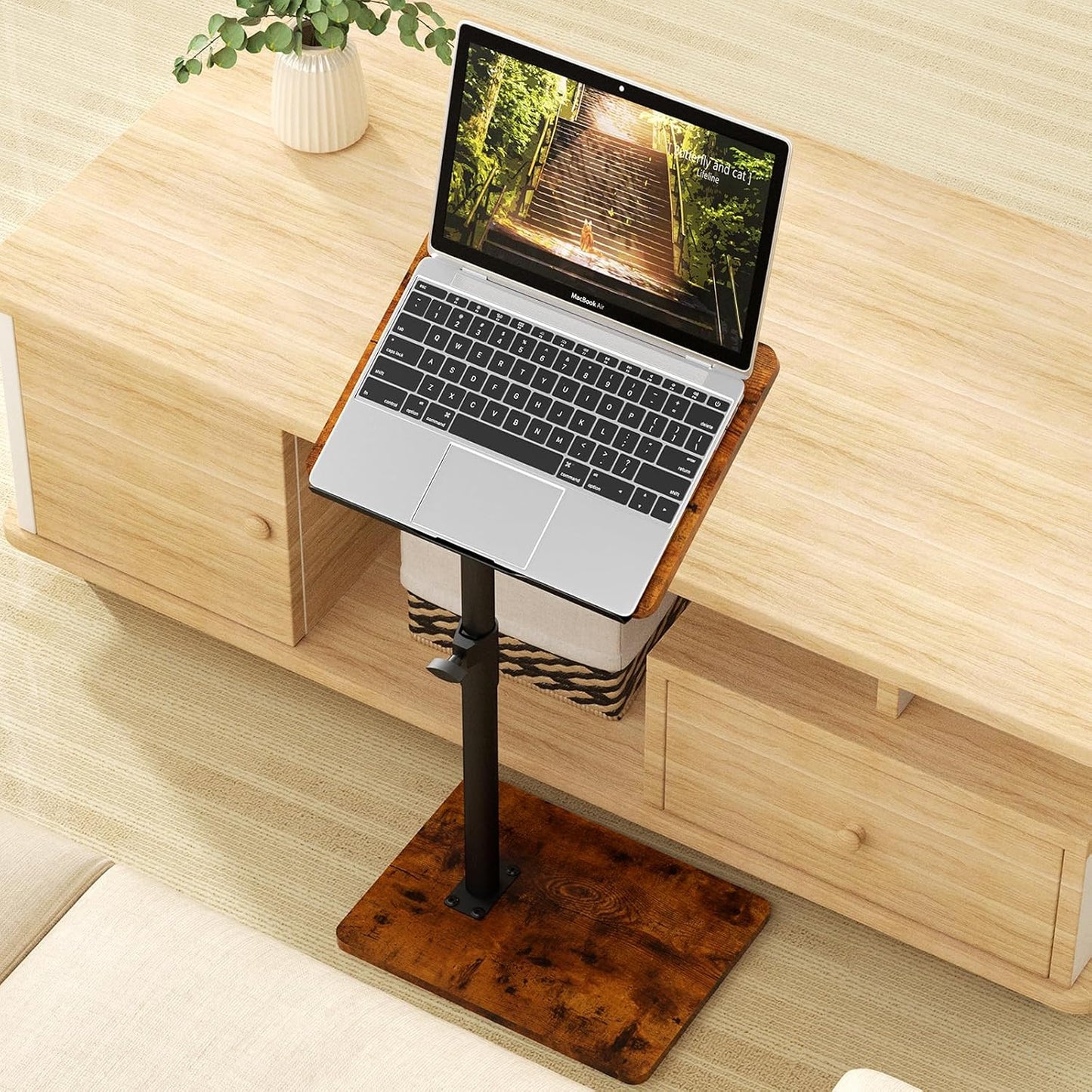 YUHFERA Sofa Armrest Tray Table for Couch - 360° Swivel Height Adjustable End for Small Spaces, Snack Side Table for Bed or Chair with Phone & Tablet Slot (Rustic,Standard)