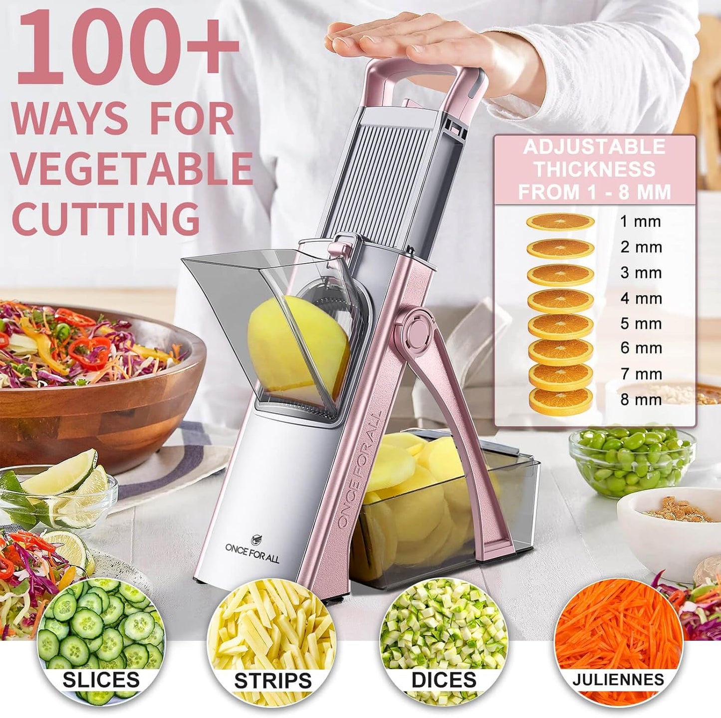 ONCE FOR ALL Safe Mandoline Slicer Plus, Bigger Size, Potato Slicer, Black | 0.1-8mm Adjustable Vegetable Food Chopper, Kitchen Mandoline Slicer Stainless Steel, Detachable Blade, Dishwasher-safe, Gift